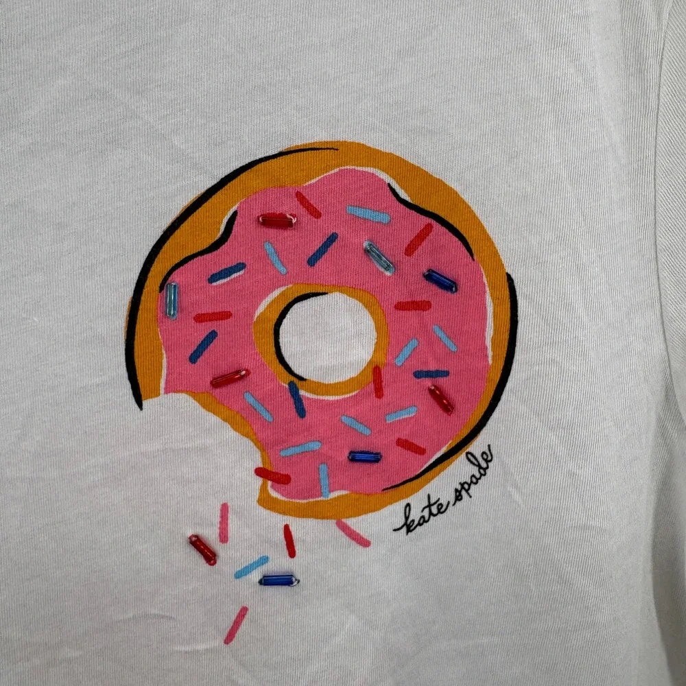 Kate Spade T Shirt Womens M White Coffee Shop Donut Graphic Beaded Short Sleeve